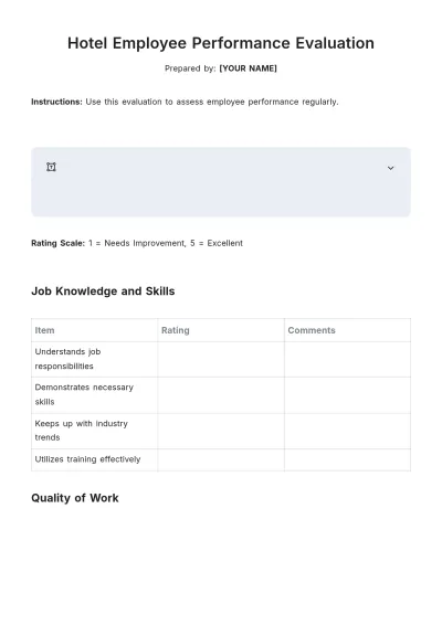 Free Simple Hotel Employee Performance Evaluation Template to Edit Online