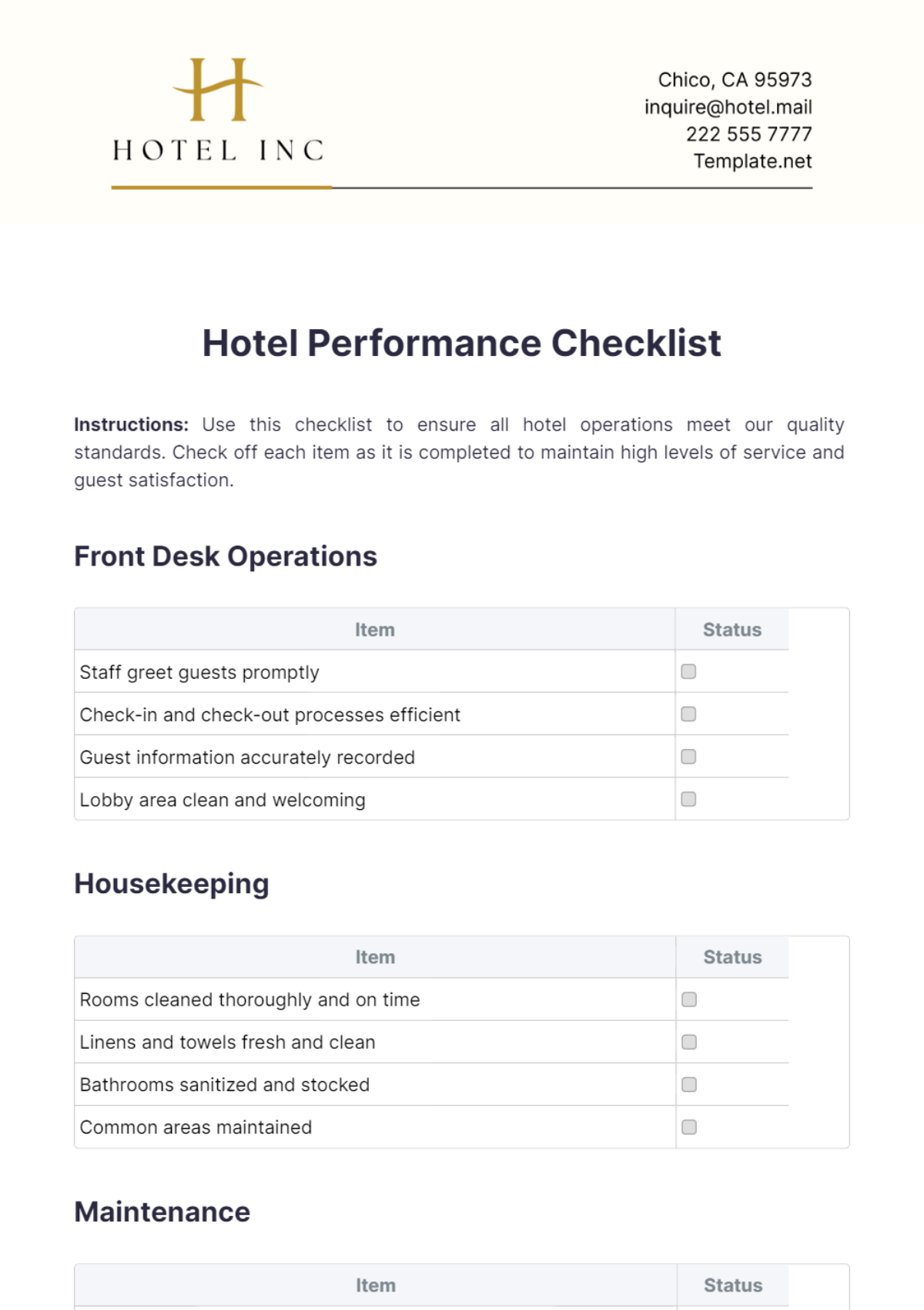 Hotel Performance Checklist Template - Edit Online & Download