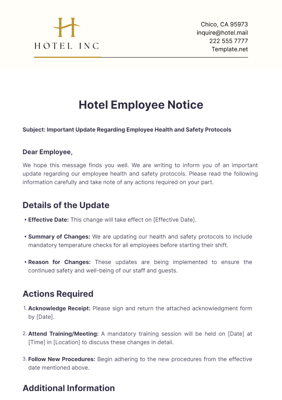 Hotel Employee Notice Template - Edit Online & Download