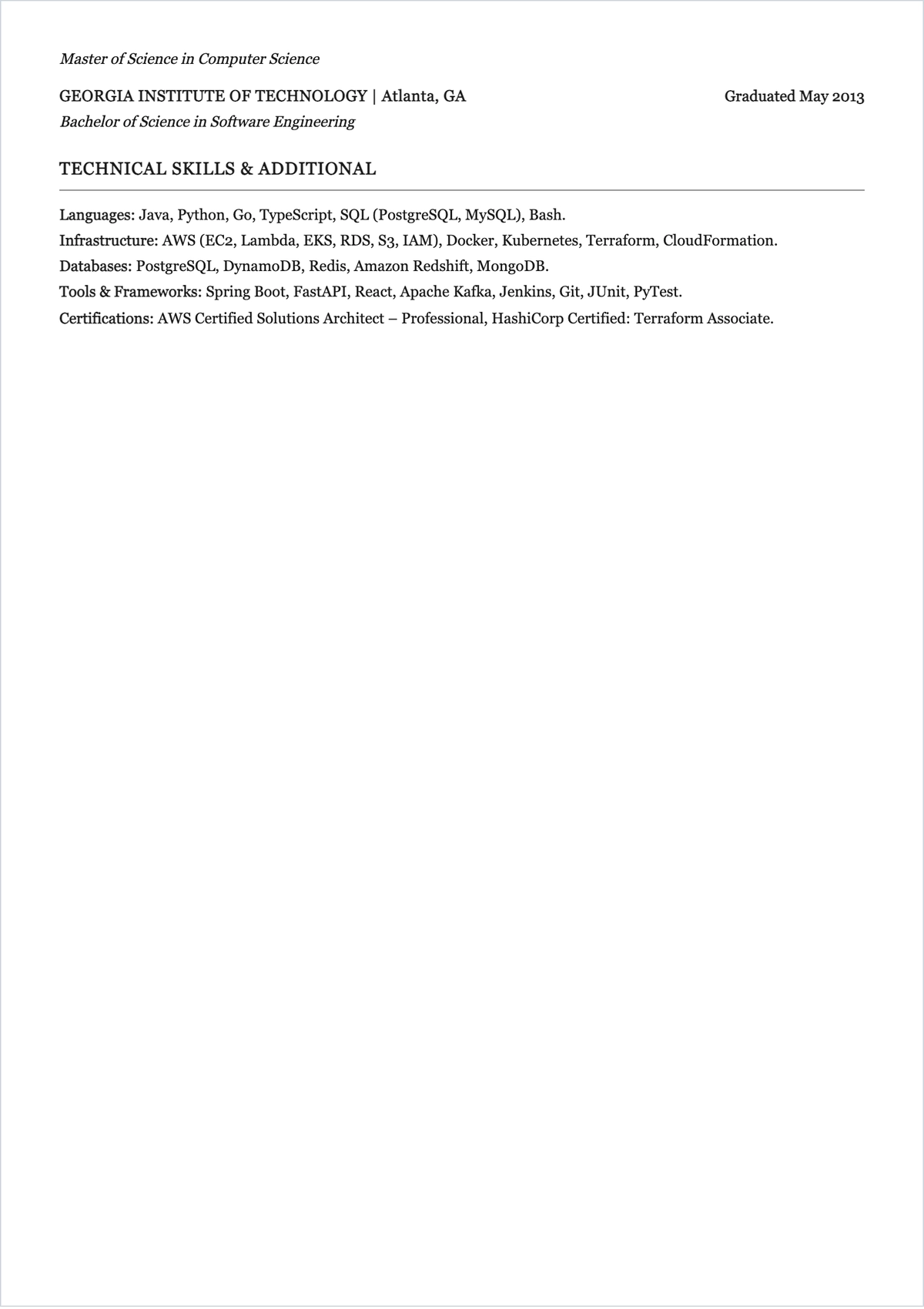 Free Computer Science Software Engineer ATS Resume Template