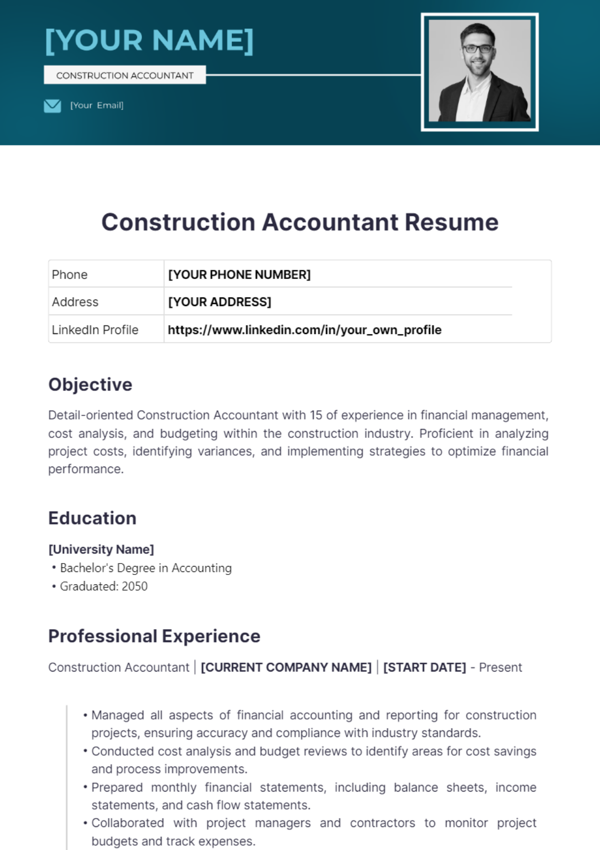 Construction Accountant Resume - Edit Online & Download