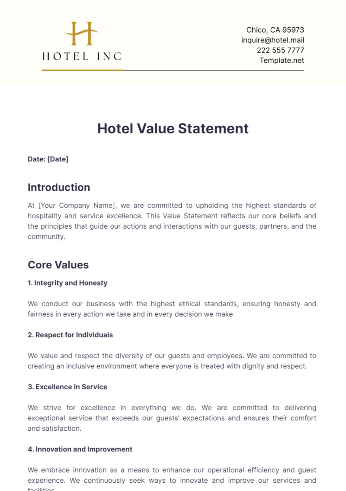 Hotel Value Statement Template - Edit Online & Download