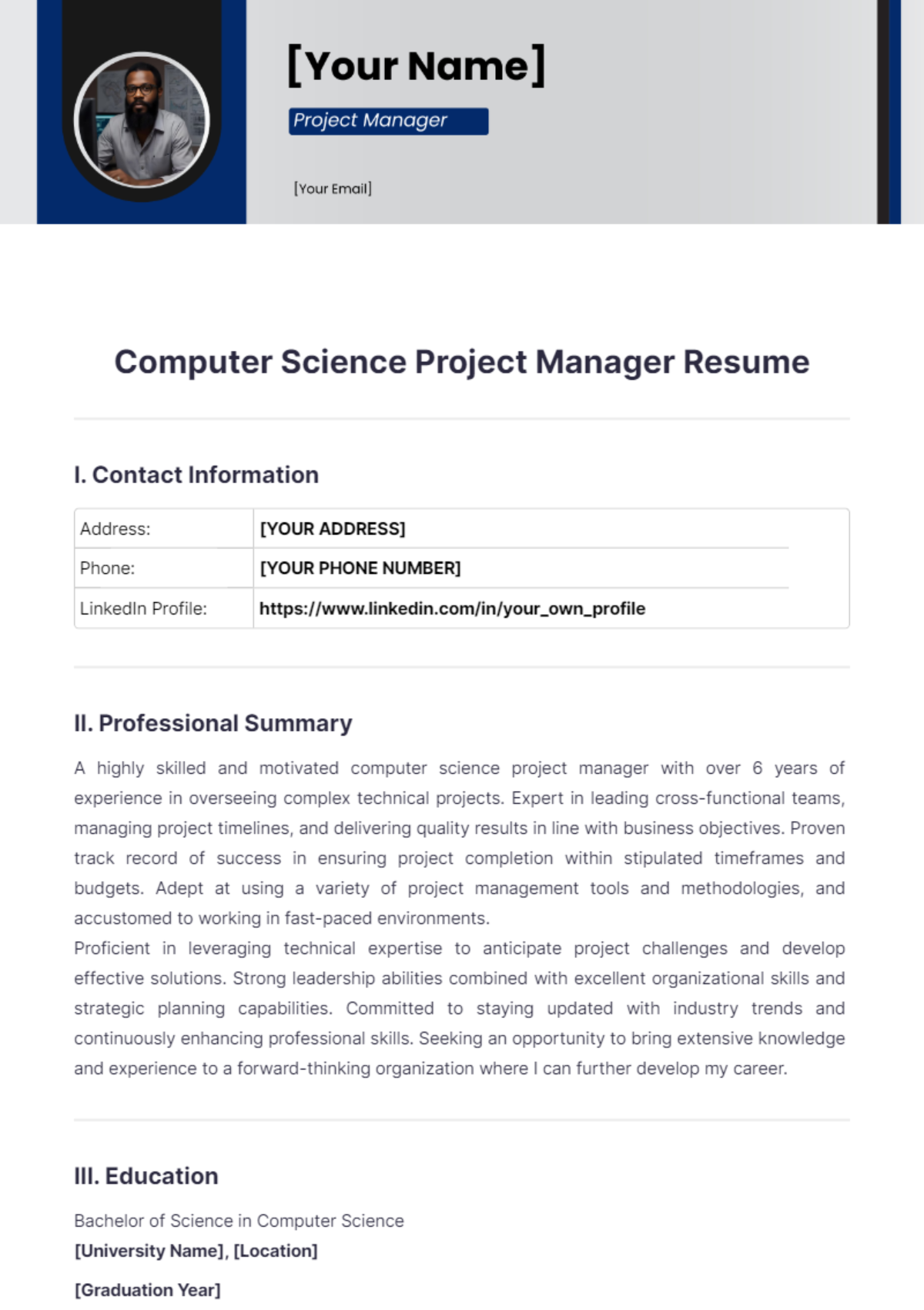 Computer Science Project Manager Resume - Edit Online & Download