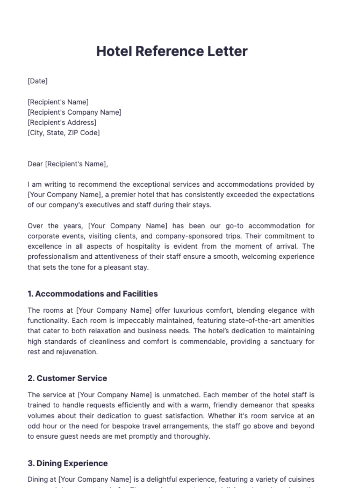 Hotel Reference Letter Template - Edit Online & Download