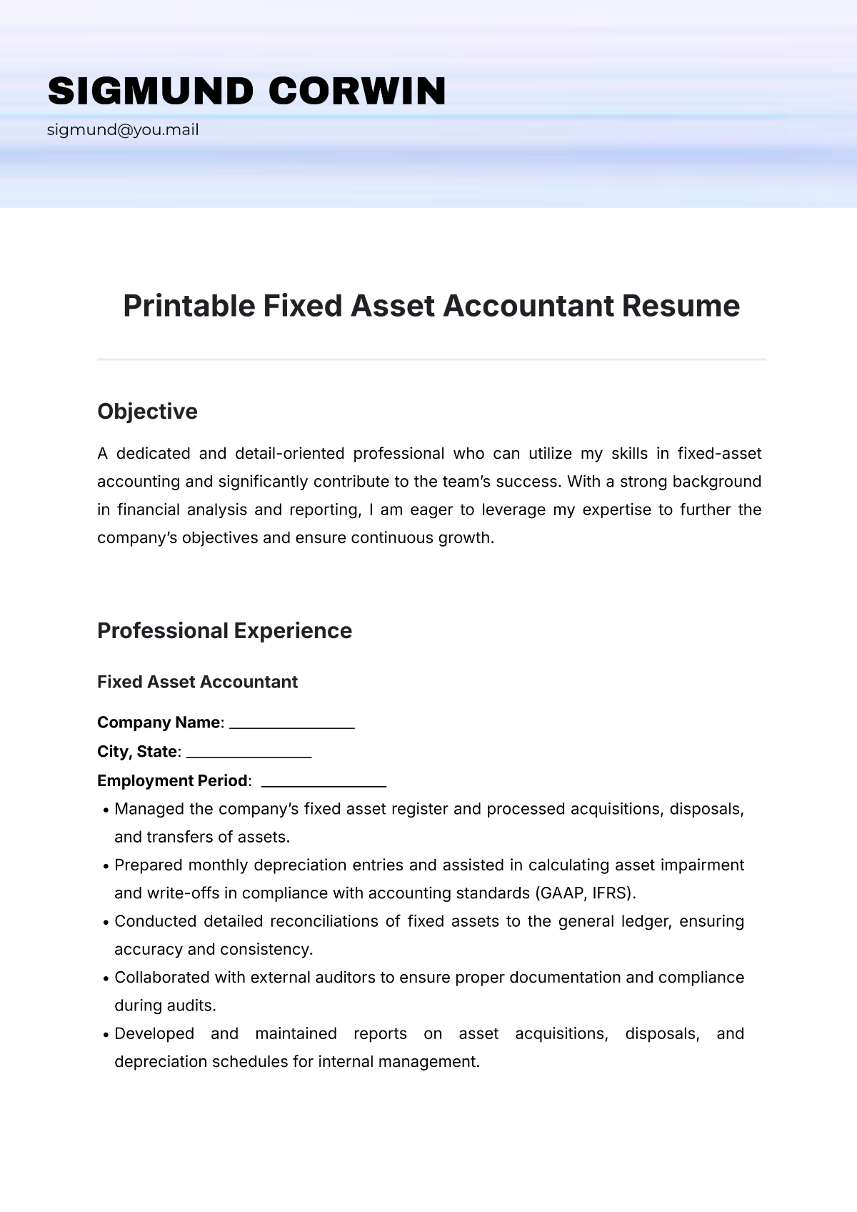 Printable Fixed Asset Accountant Resume Template - Edit Online & Download