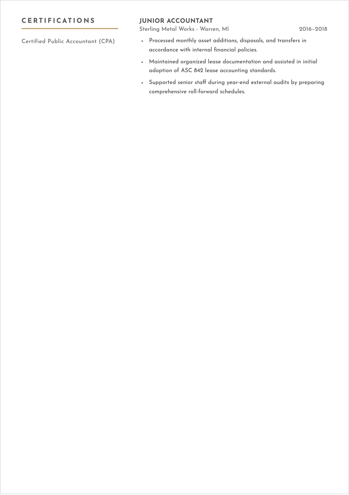 Free Printable Fixed Asset Accountant ATS Resume Template