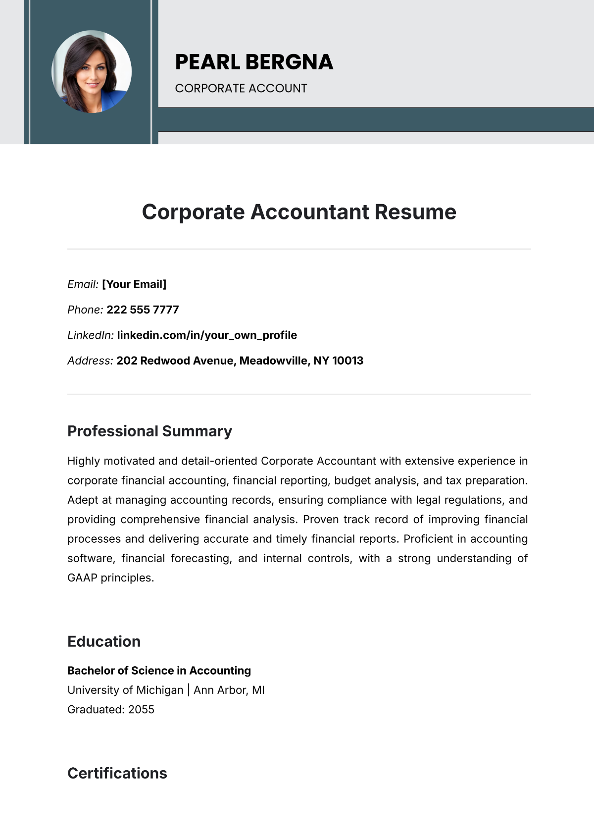 Corporate Accountant Resume Template - Edit Online & Download