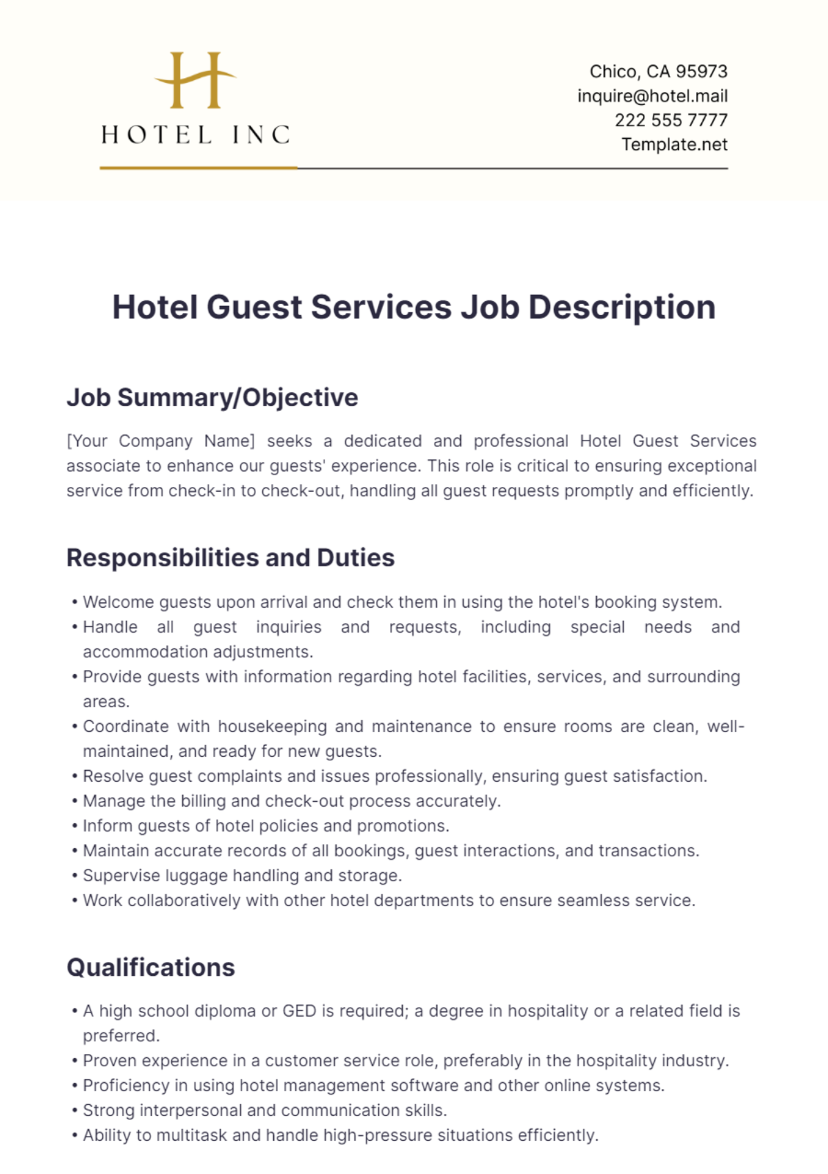 Hotel Guest Services Job Description Template - Edit Online & Download