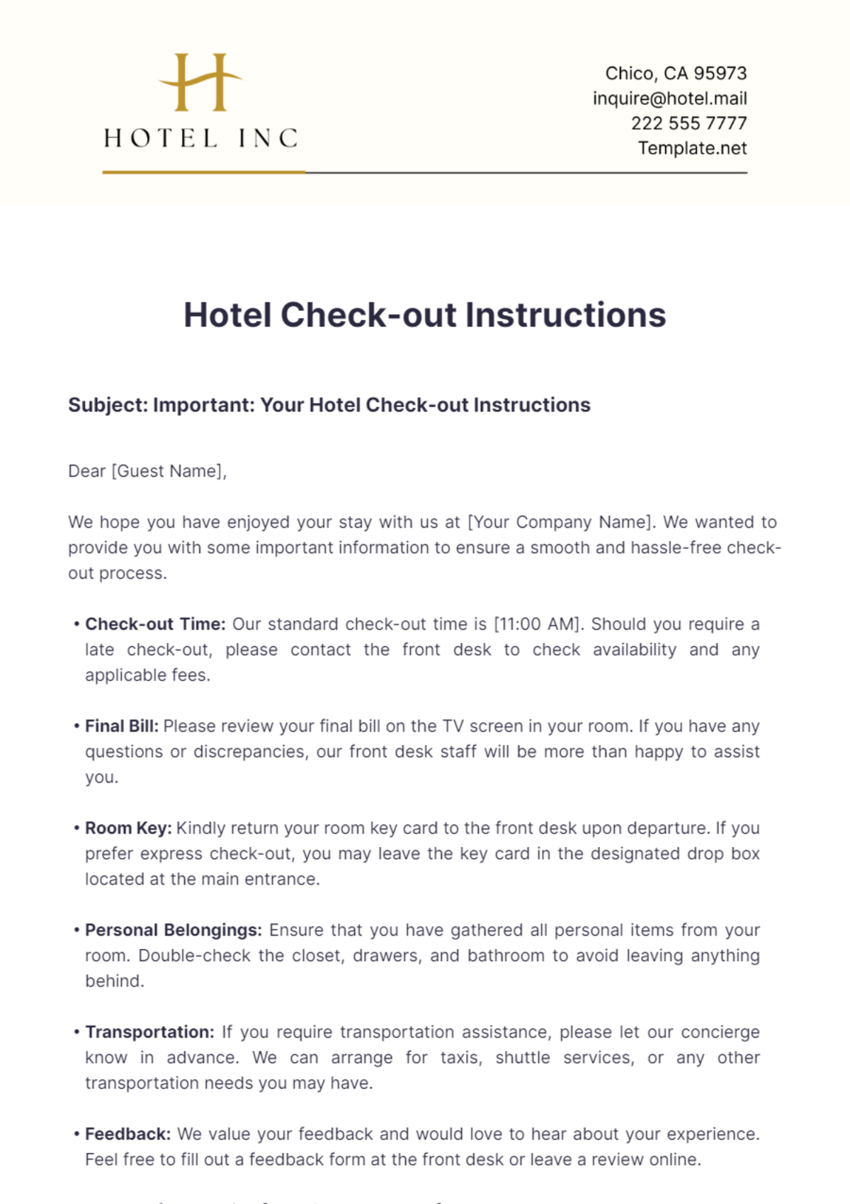 Hotel Check-out Instructions Email Template - Edit Online & Download