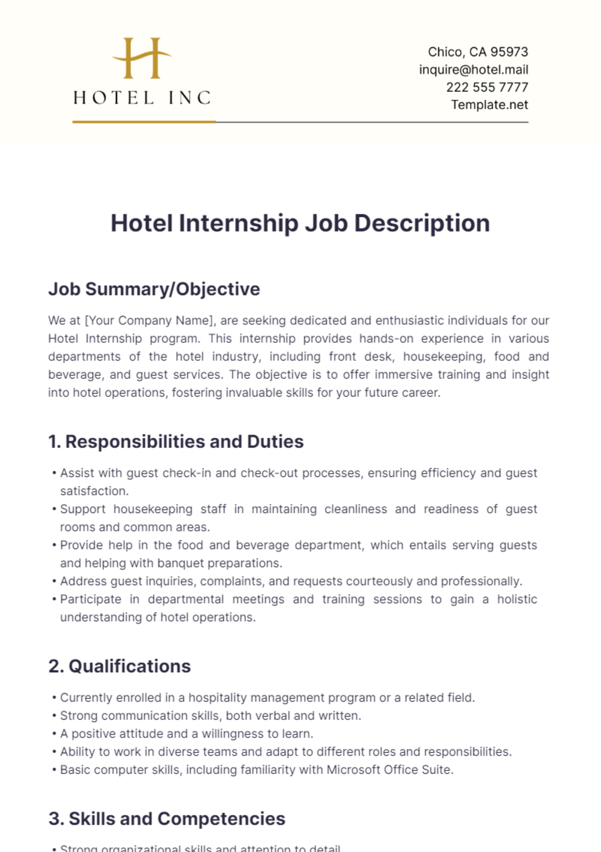 Hotel Internship Job Description Template - Edit Online & Download