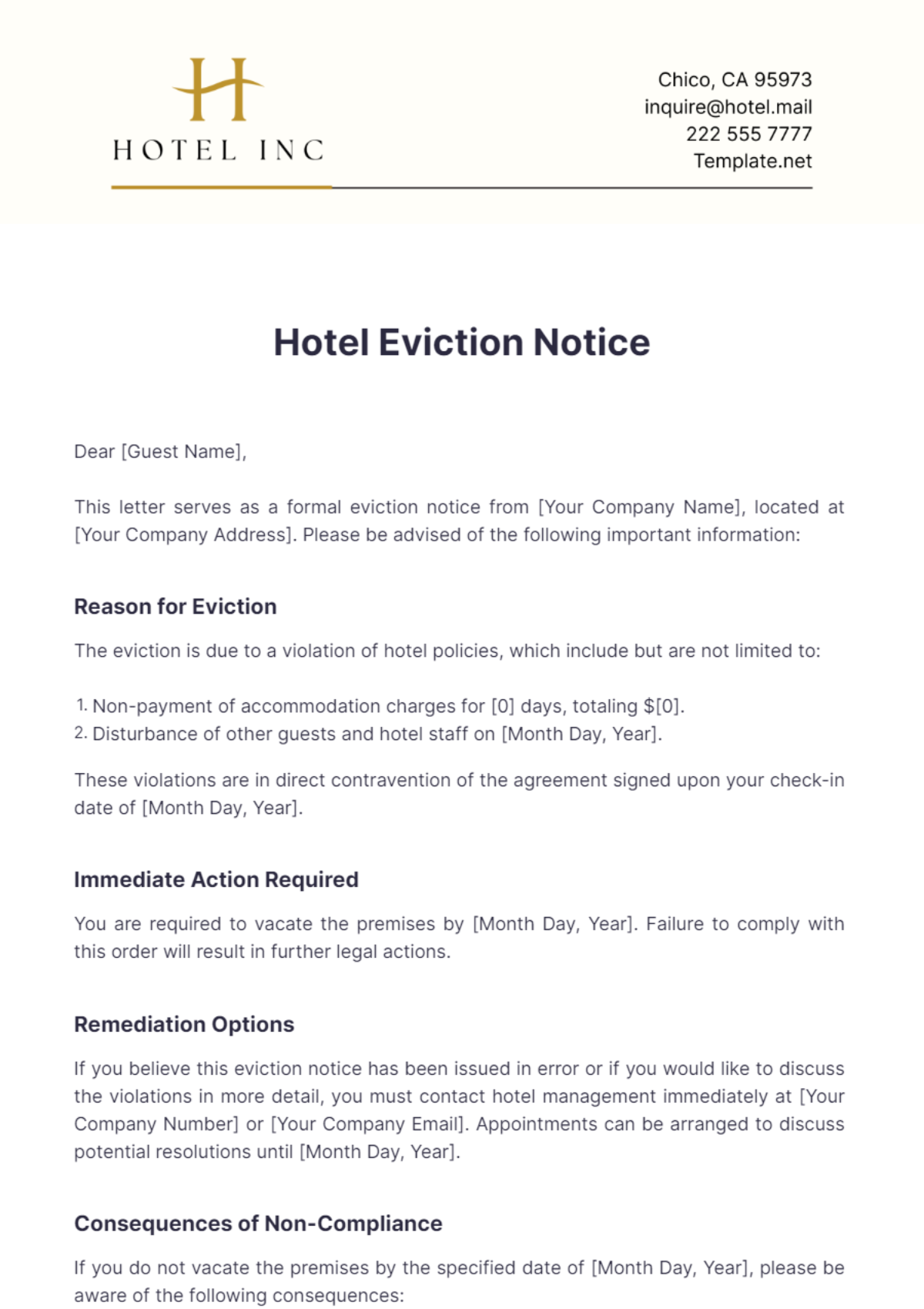 Hotel Eviction Notice Template - Edit Online & Download