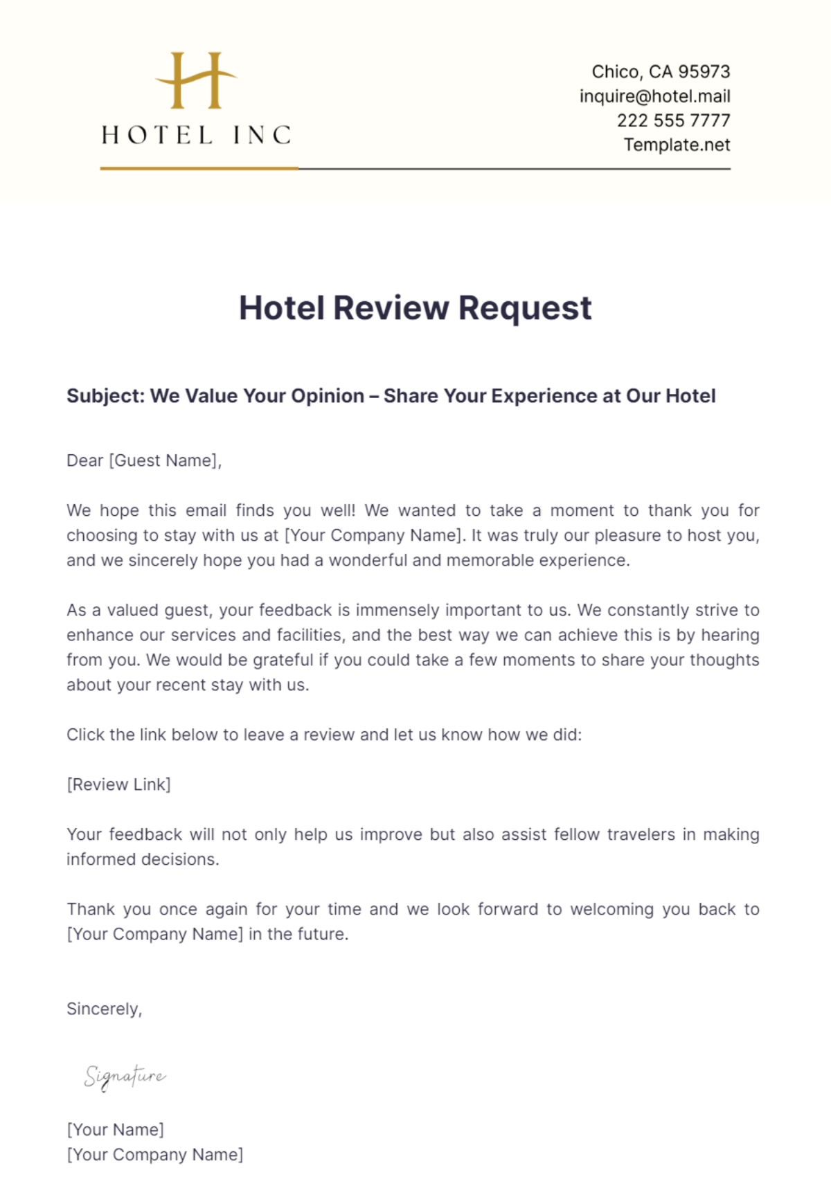 Hotel Review Request Email Template - Edit Online & Download