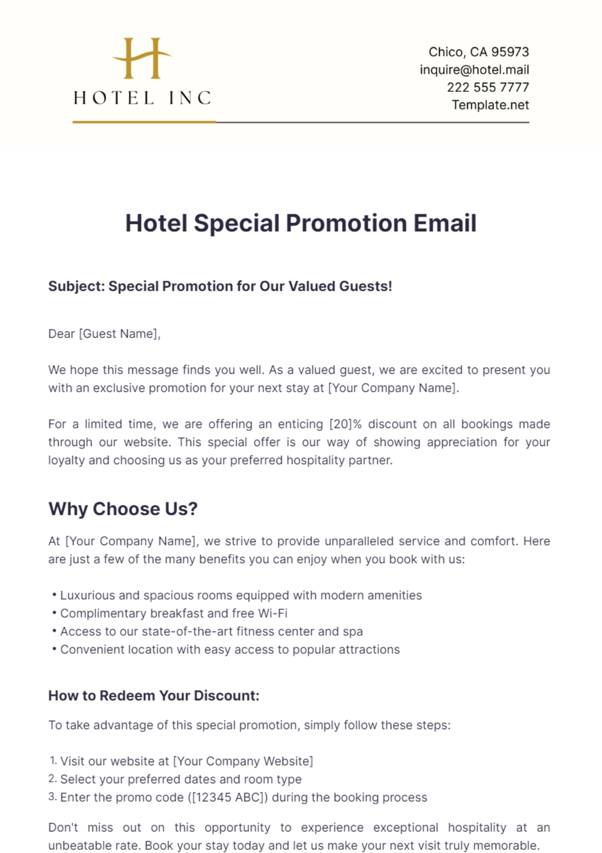 Hotel Special Promotion Email Template - Edit Online & Download