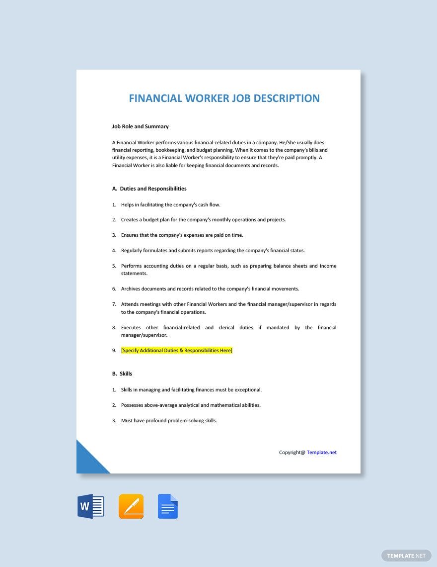 Free Financial Worker Job Description