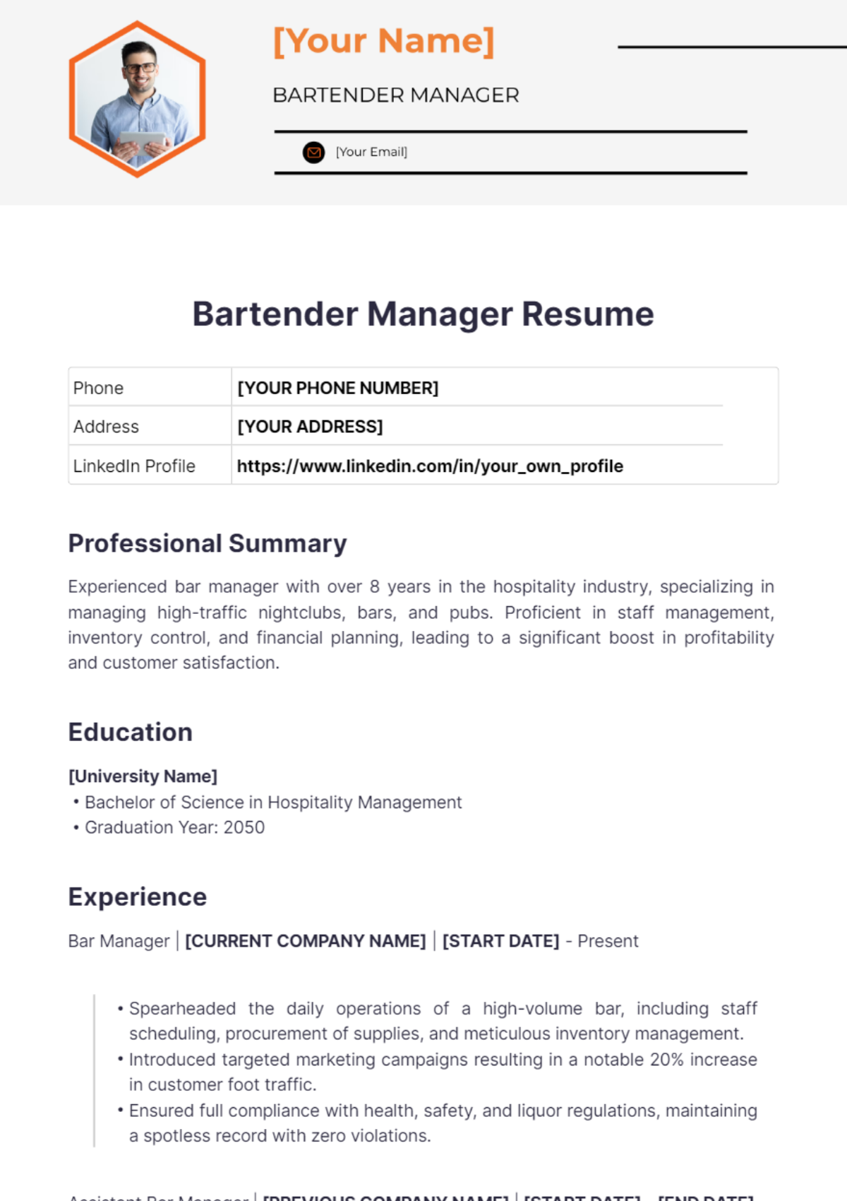 Bartender Manager Resume - Edit Online & Download Example | Template.net