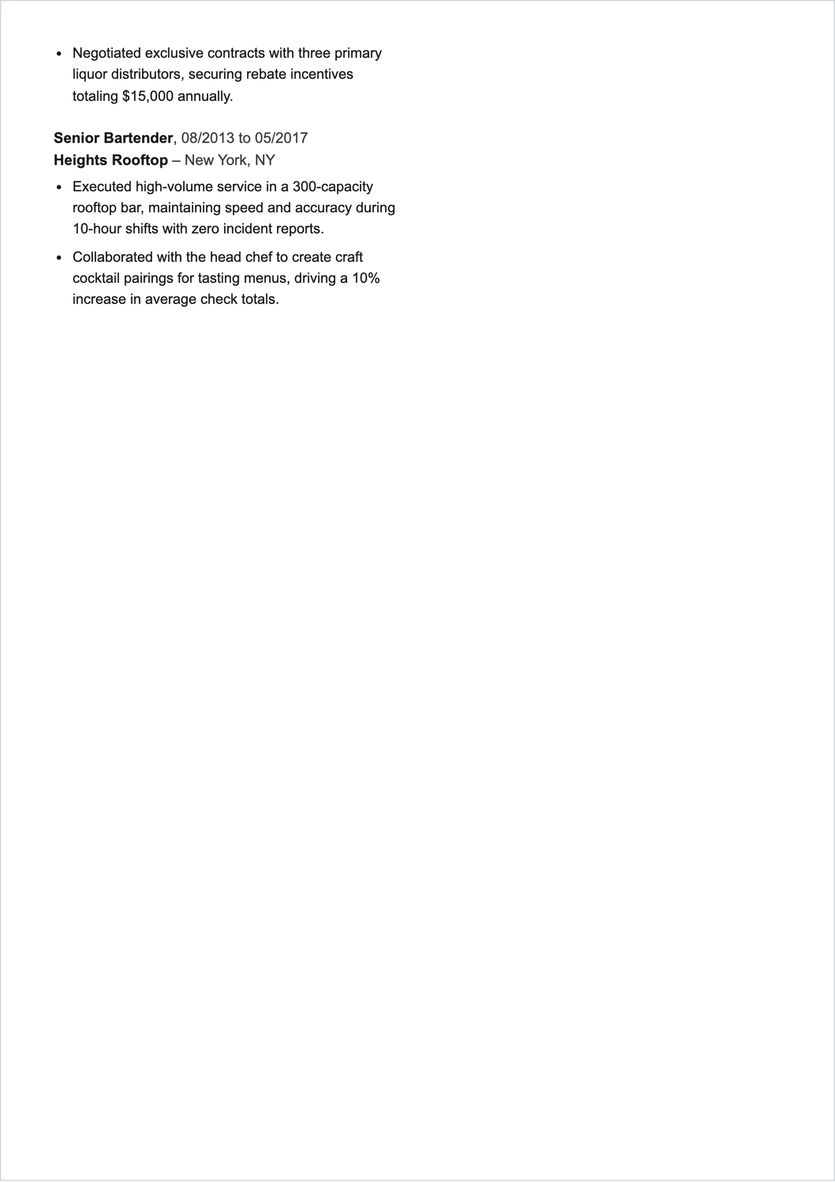 Free Bartender Manager ATS Resume Template, AI Resume Builder