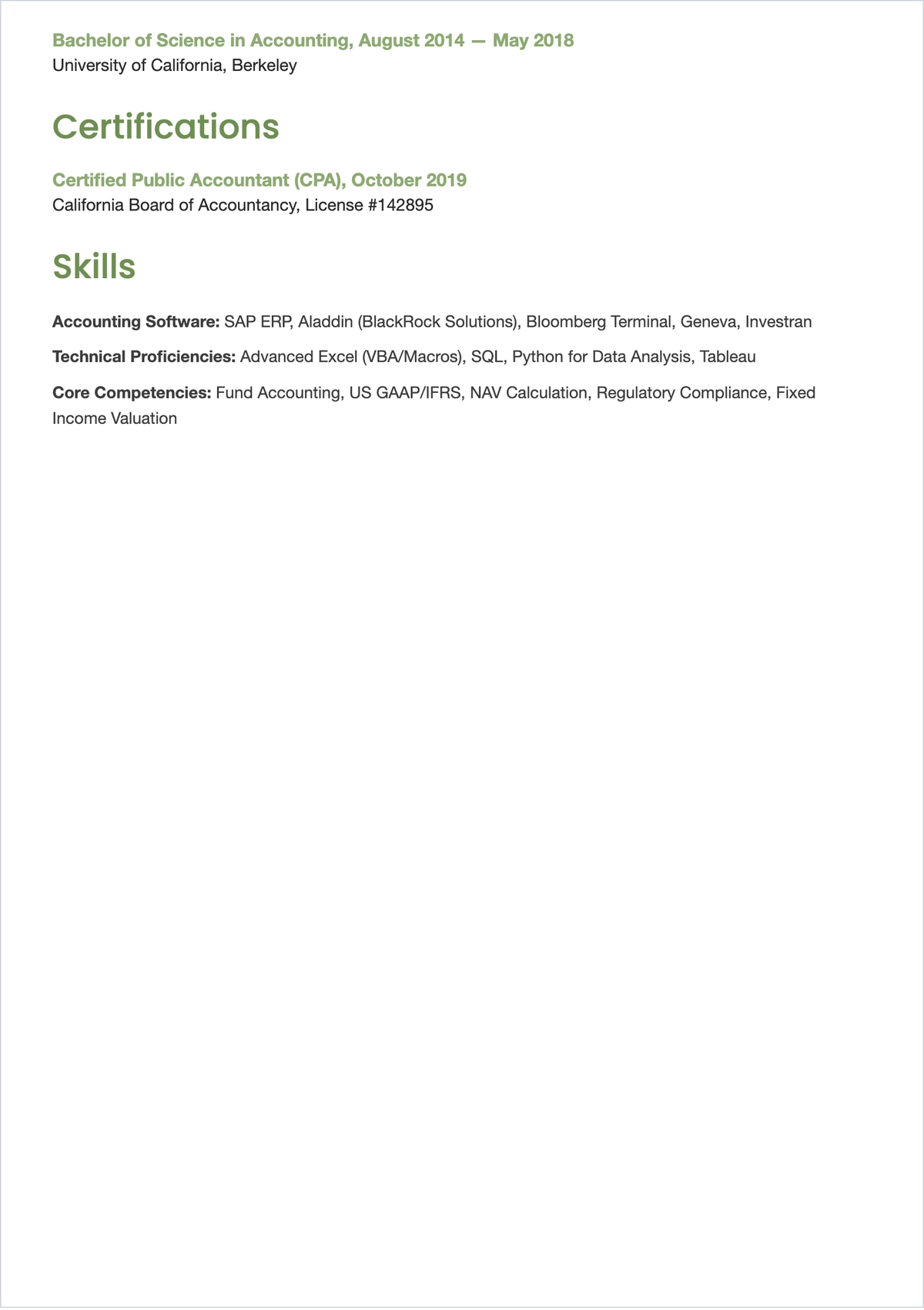Free Investment Accountant ATS Resume Format Template