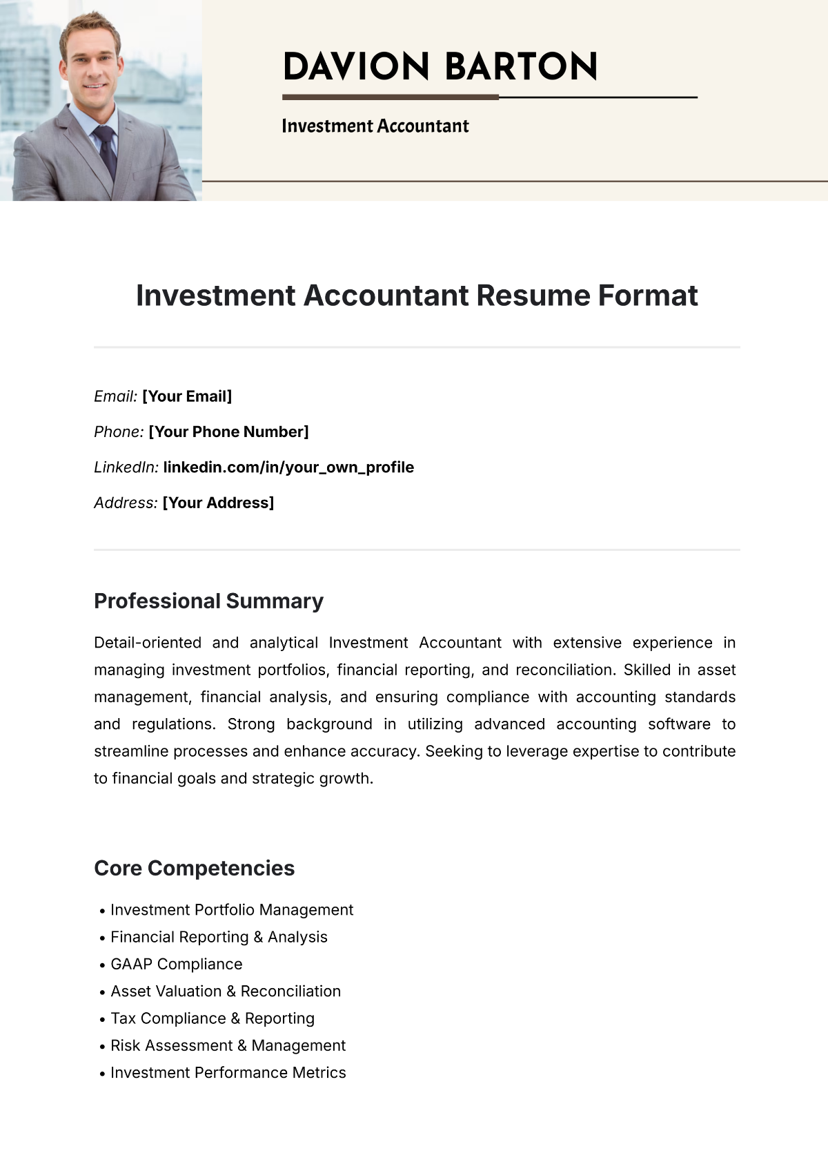 Investment Accountant Resume Format Template - Edit Online & Download