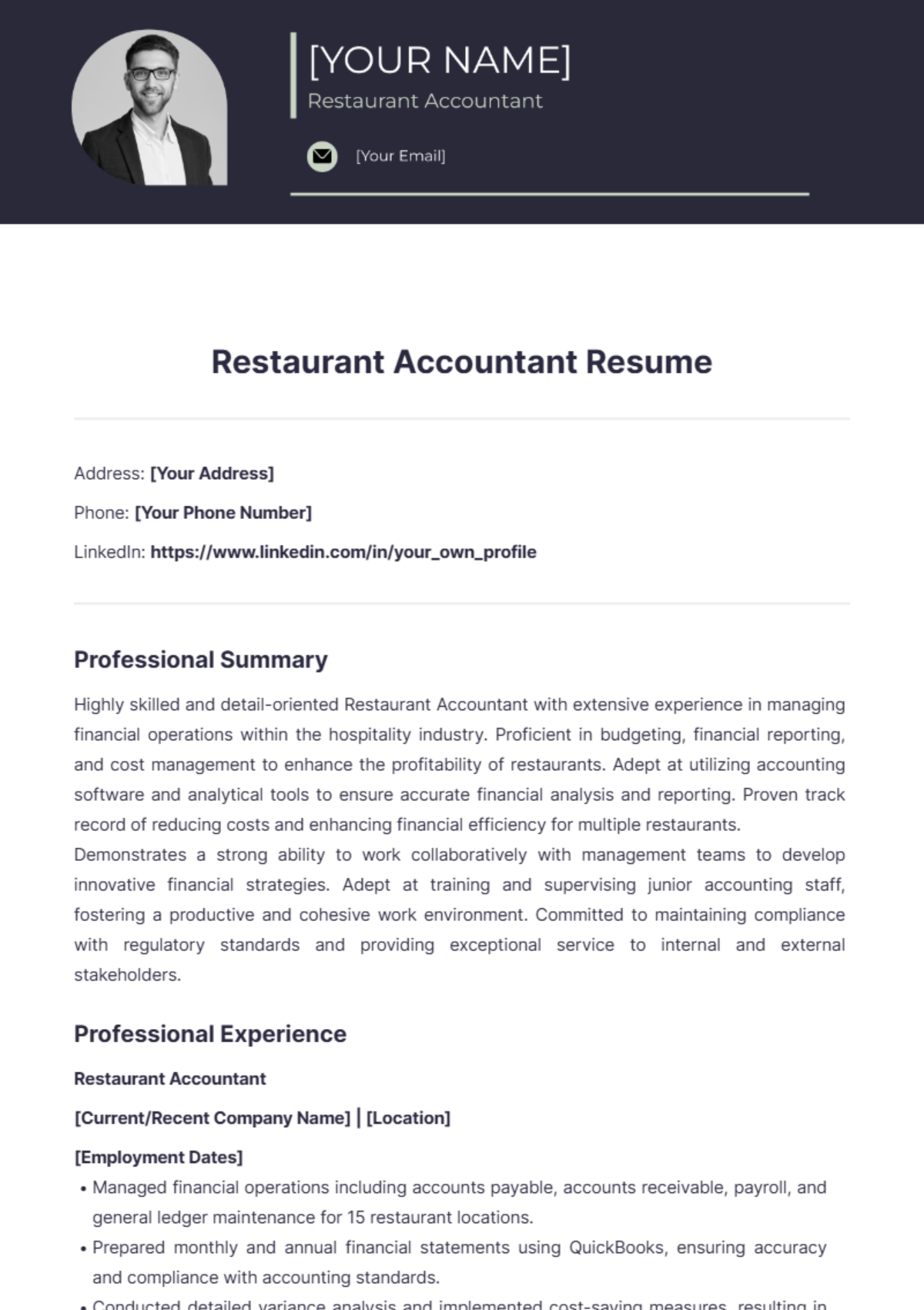 Restaurant Accountant Resume - Edit Online & Download