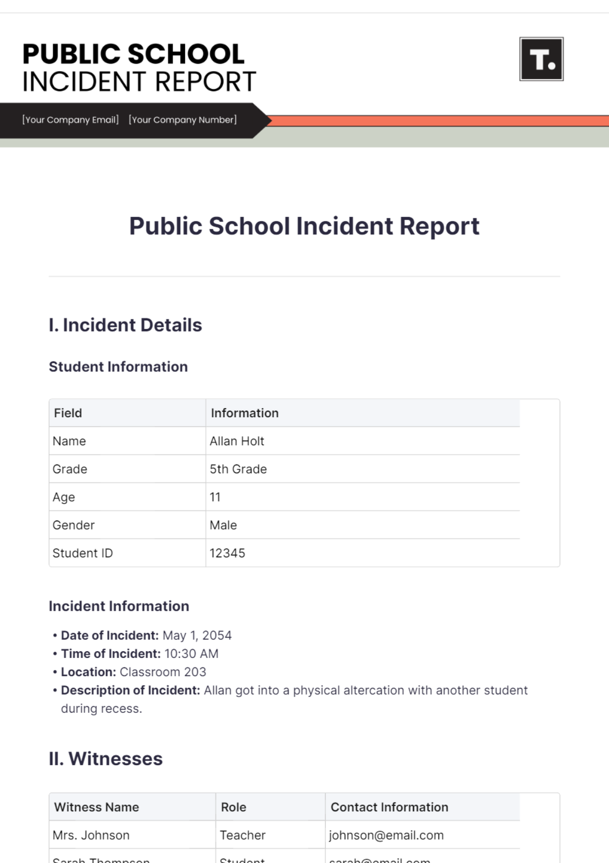 Public School Incident Report Template - Edit Online & Download