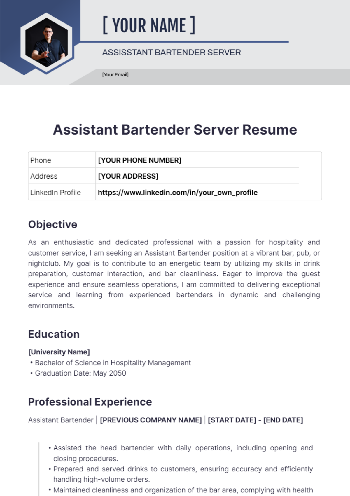 Assistant Bartender Server Resume - Edit Online & Download