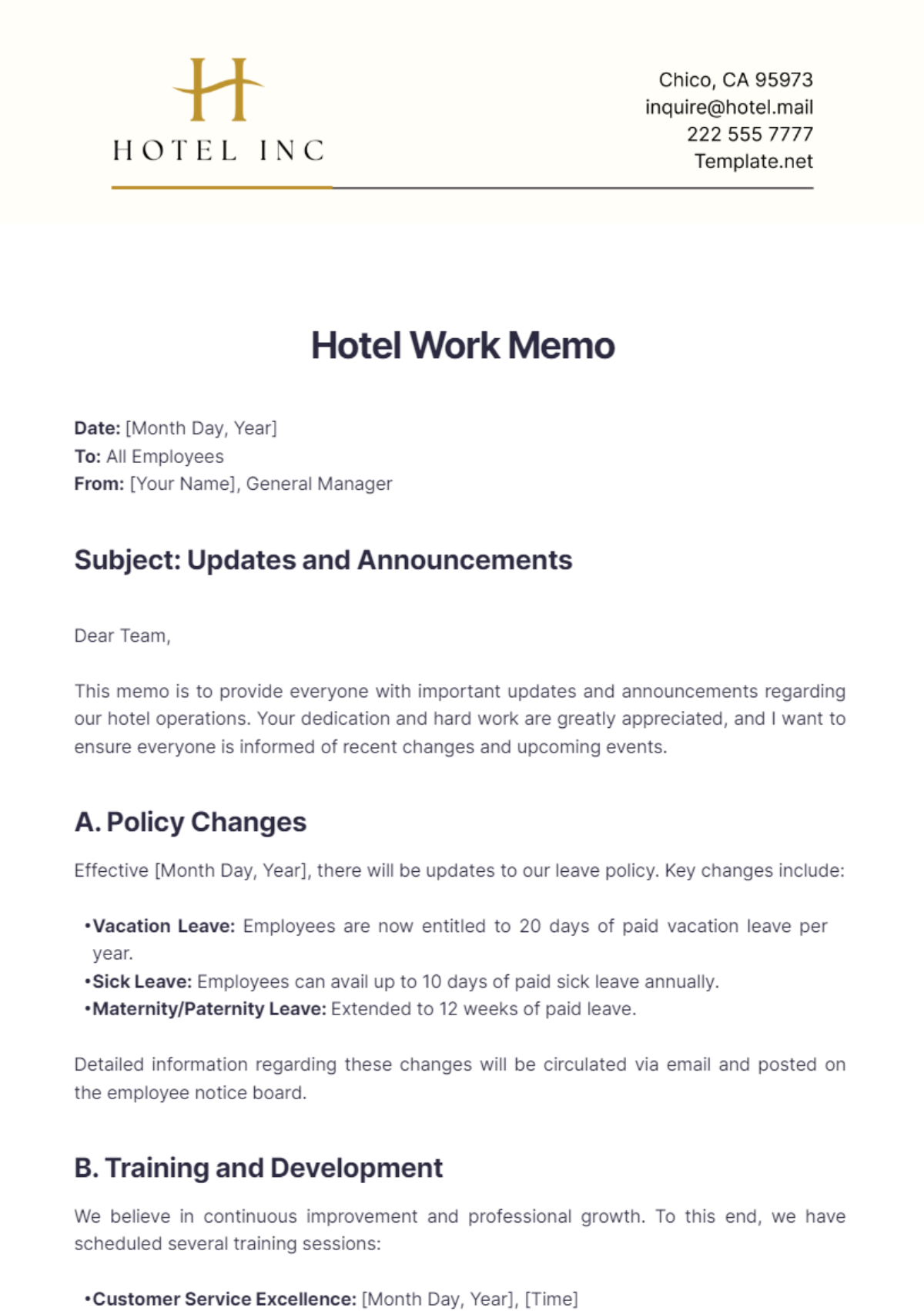 Free Hotel Work Memo Template