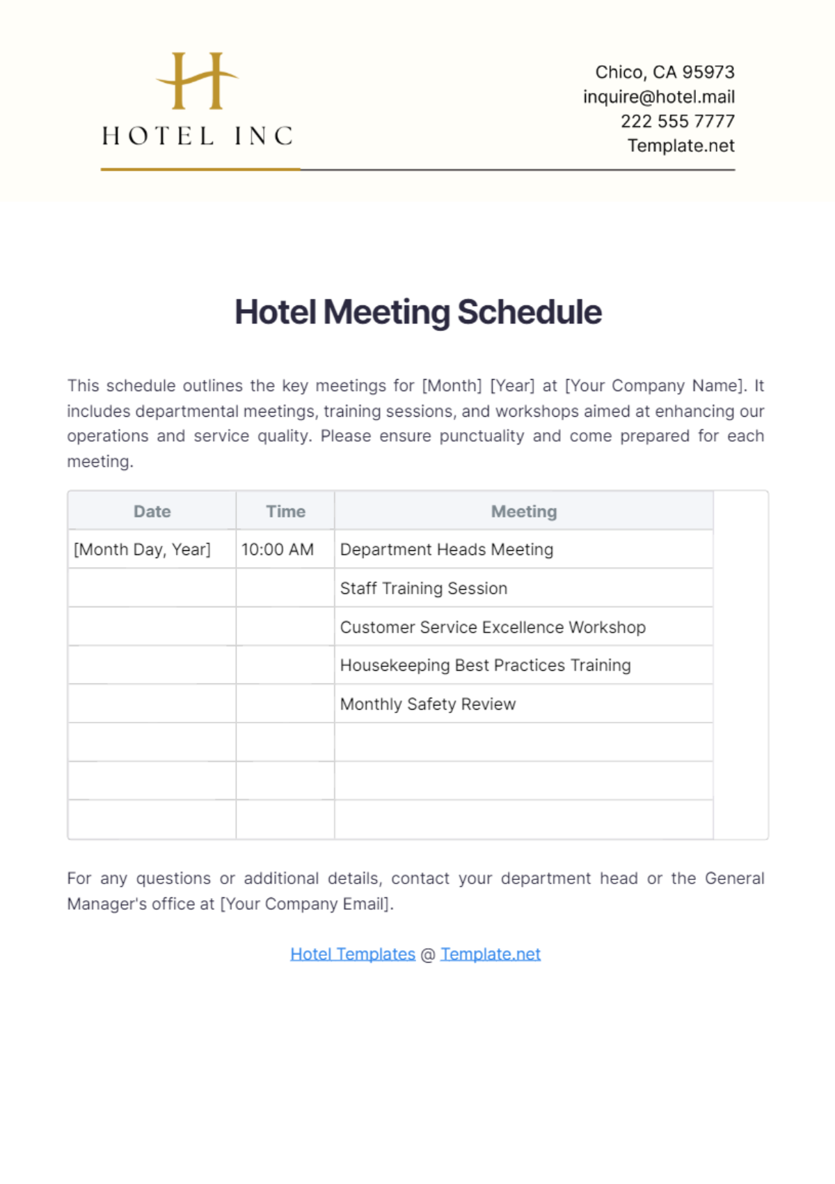 Hotel Meeting Schedule Template - Edit Online & Download