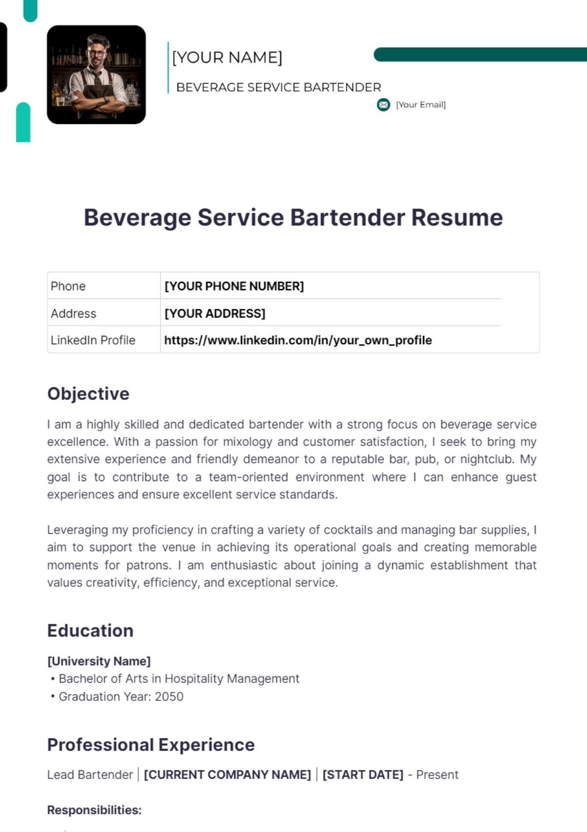 Beverage service bartender resume - Edit Online & Download