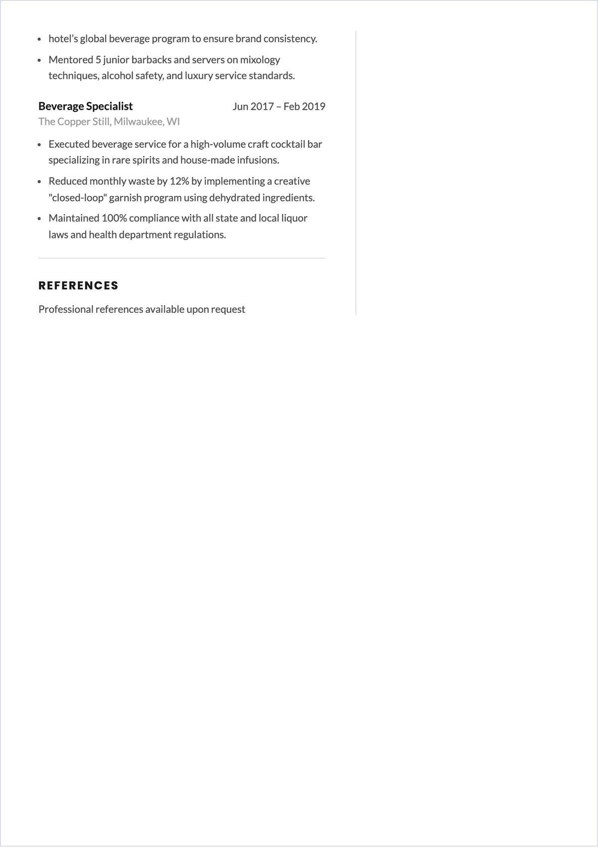 Free Beverage Service Bartender ATS Resume Template, AI Resume Builder