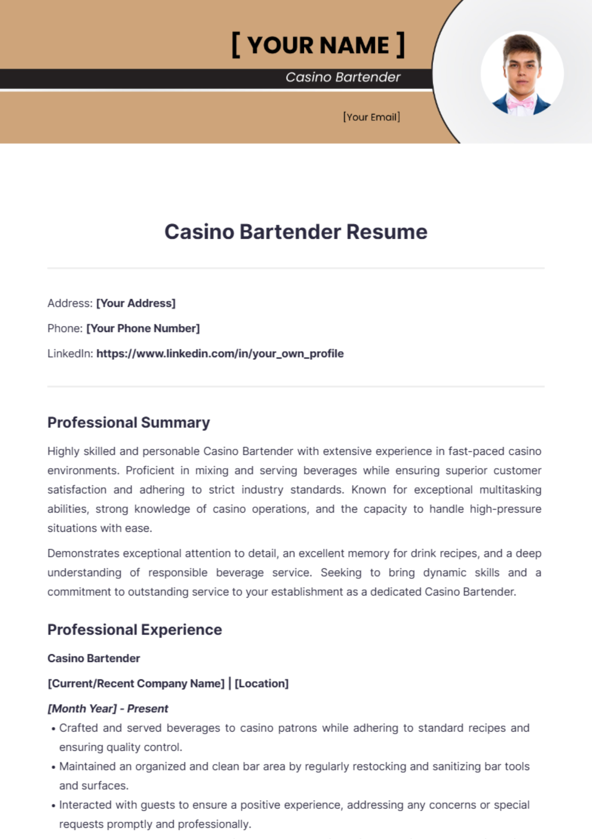 Casino bartender resume - Edit Online & Download