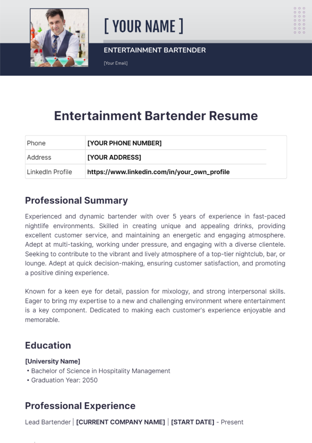 Entertainment Bartender Resume - Edit Online & Download