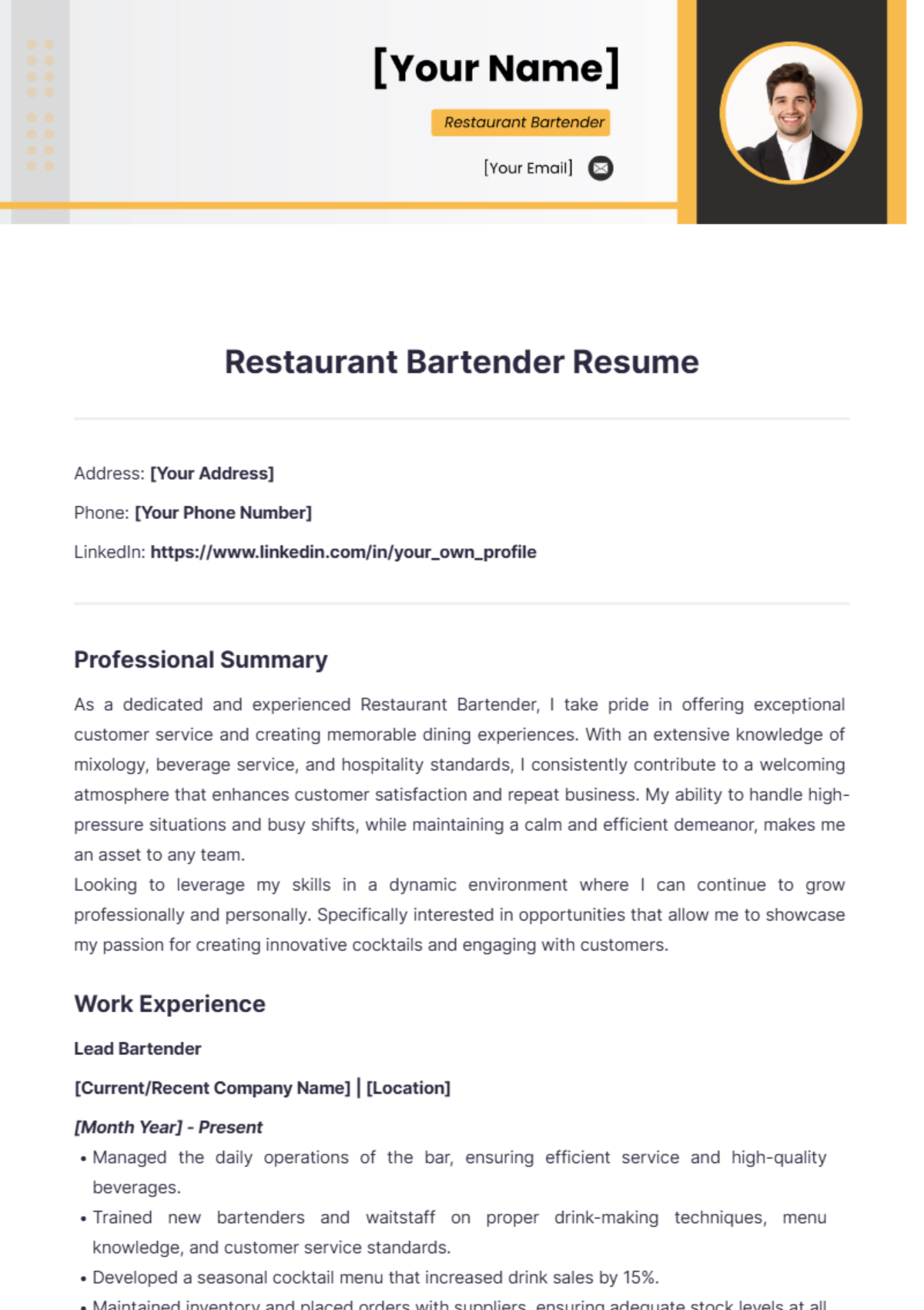 Restaurant bartender resume - Edit Online & Download