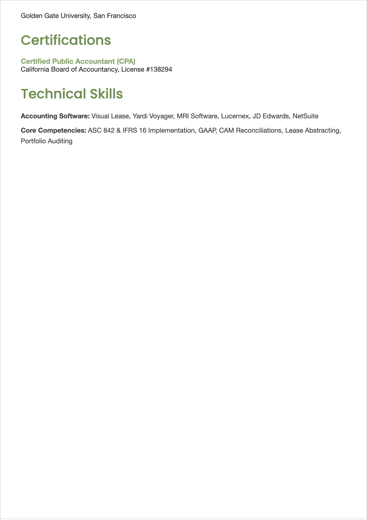 Free Lease Accountant ATS Resume Layout Template, AI Resume Builder
