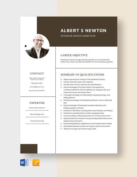 Interior Design Director Resume Template Word Pages