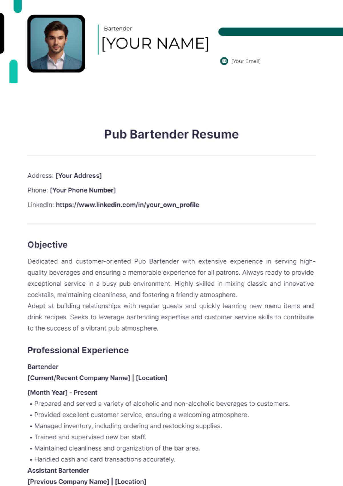 Pub bartender resume - Edit Online & Download