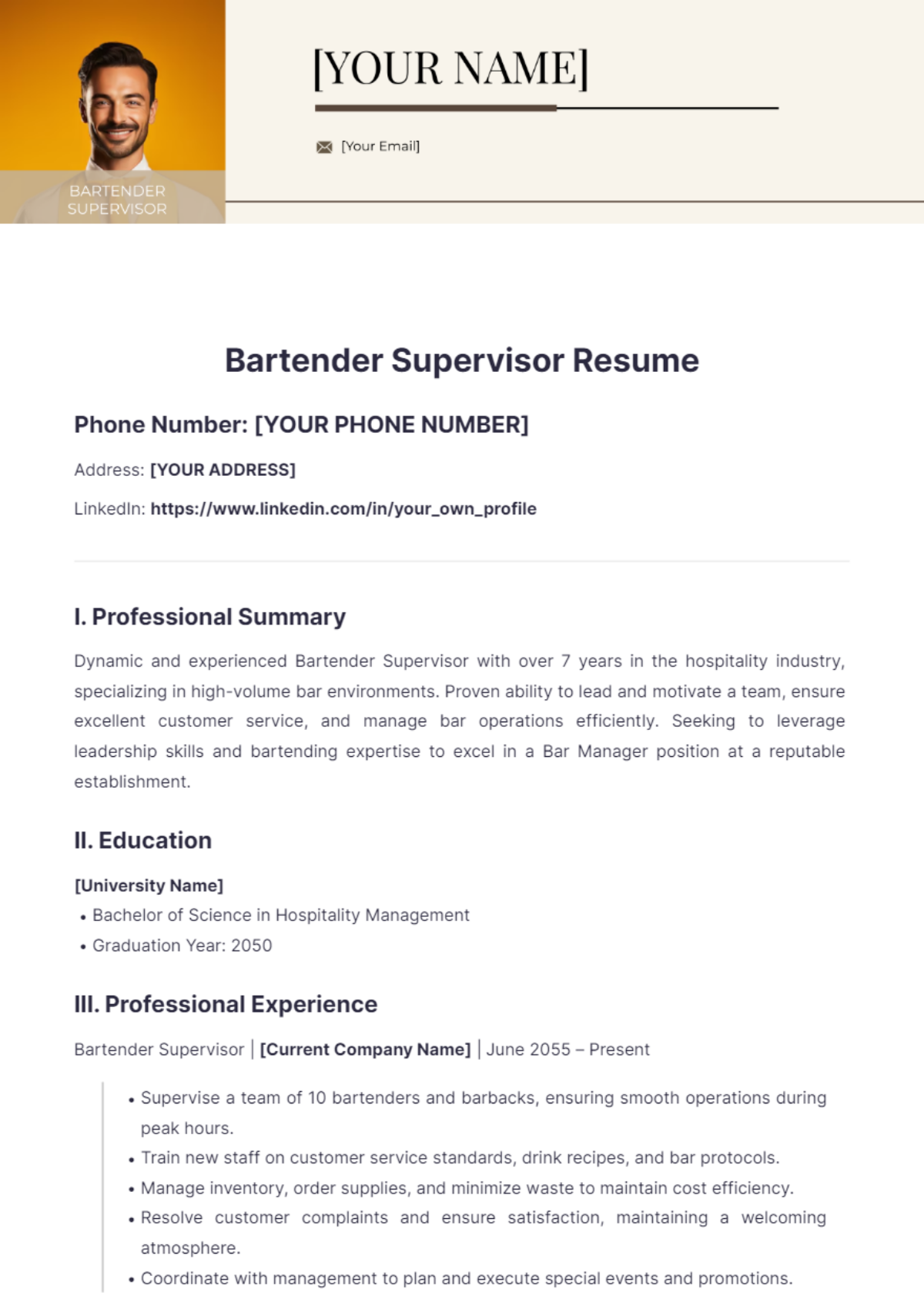 Bartender Supervisor Resume - Edit Online & Download