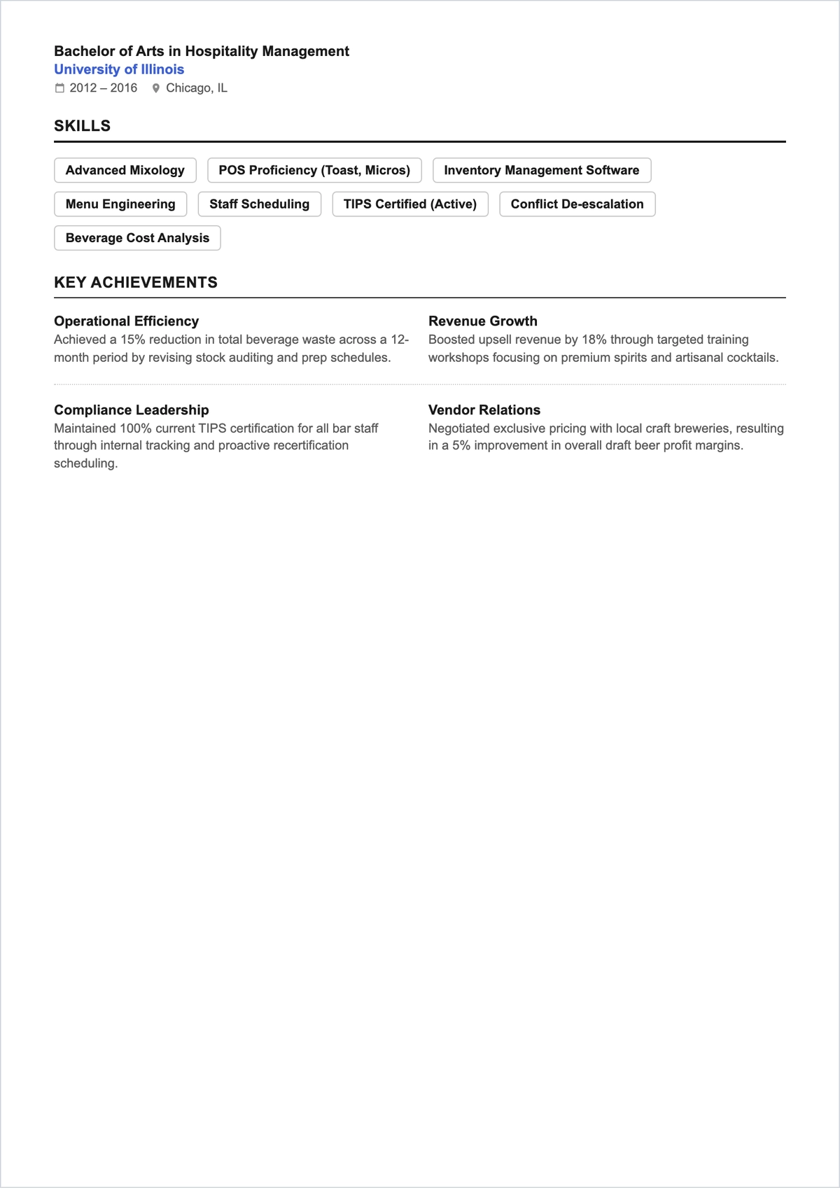 Free Bartender Supervisor ATS Resume Template, AI Resume Builder
