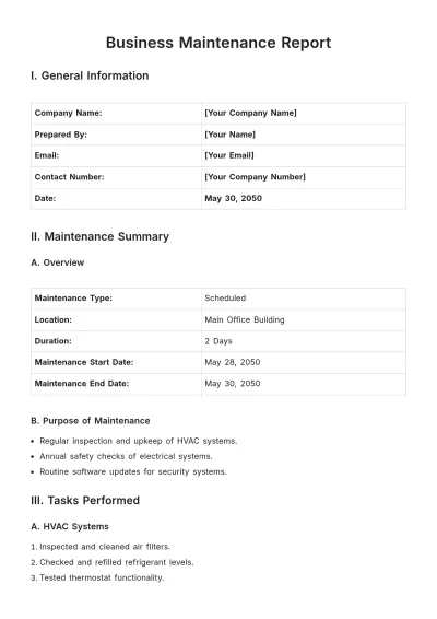 Free Business Maintenance Report Template to Edit Online