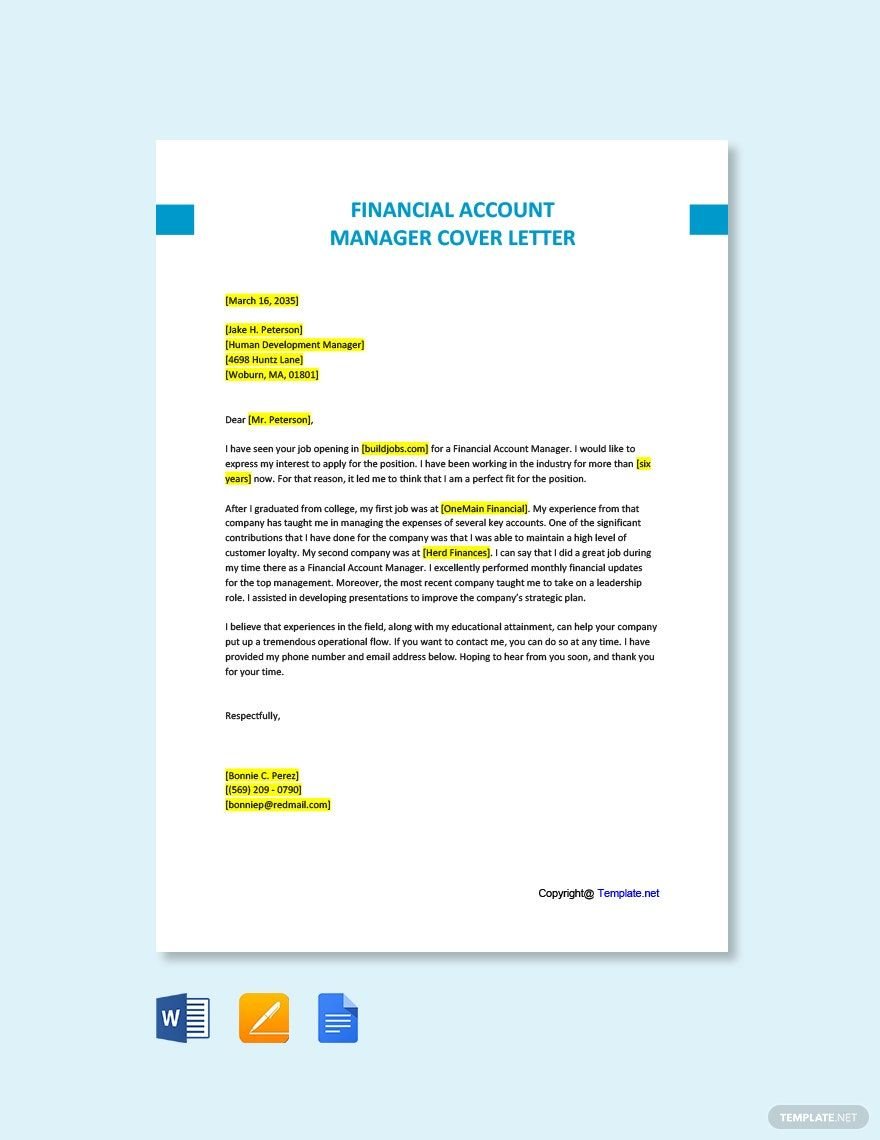 Financial Account Manager Cover Letter in Word, Google Docs, PDF, Apple Pages