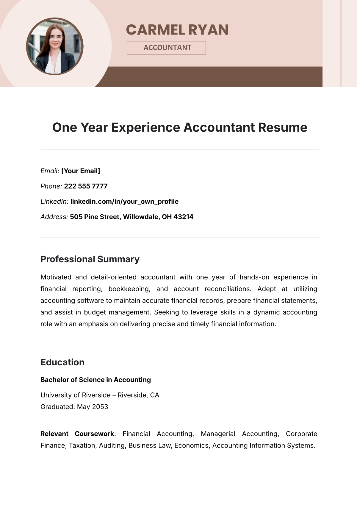 One Year Experience Accountant Resume Template - Edit Online & Download