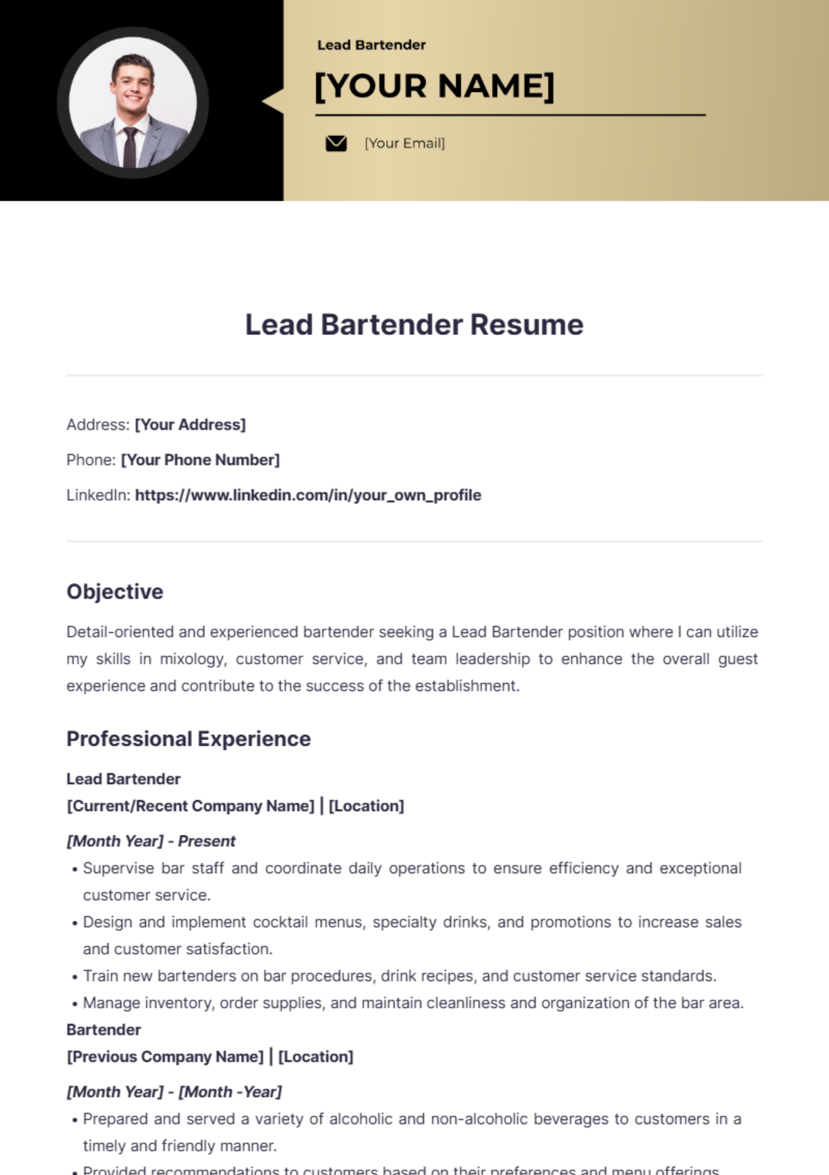 Lead bartender resume - Edit Online & Download