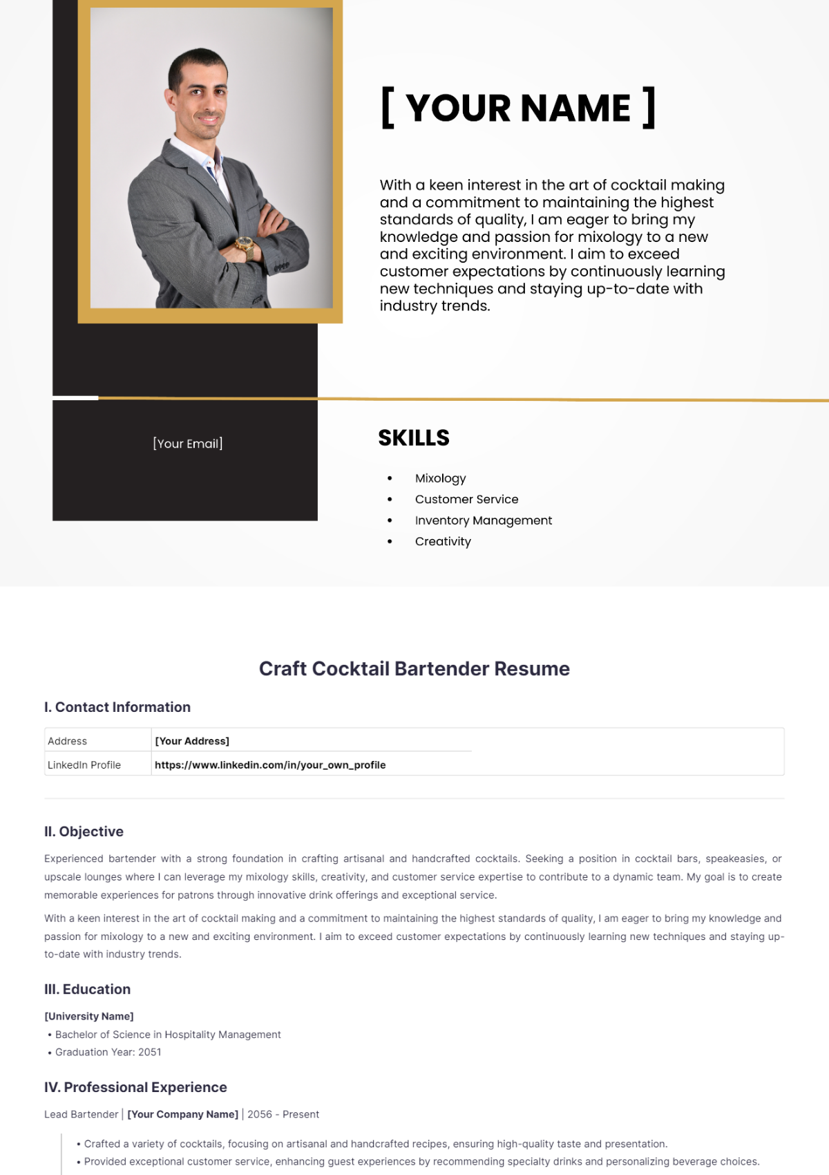 Craft cocktail bartender resume - Edit Online & Download