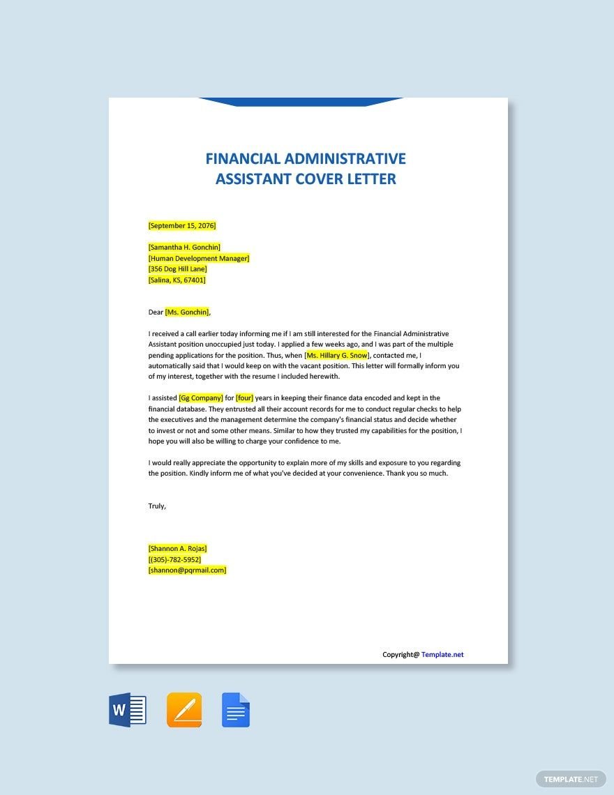 Financial Administrative Assistant Cover Letter Template