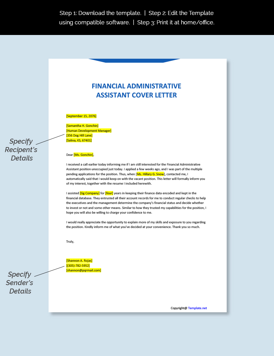 Financial Administrative Assistant Cover Letter