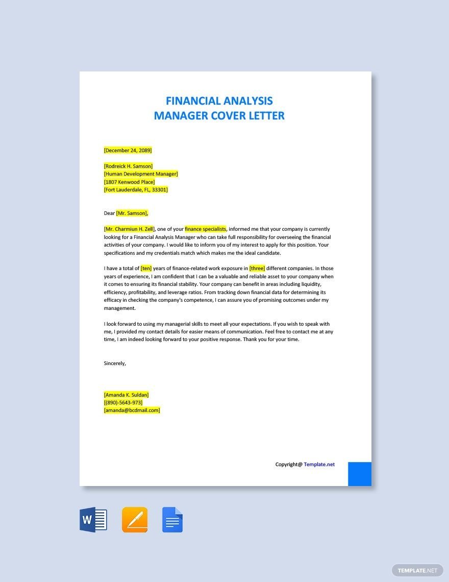 Financial Analysis Manager Cover Letter