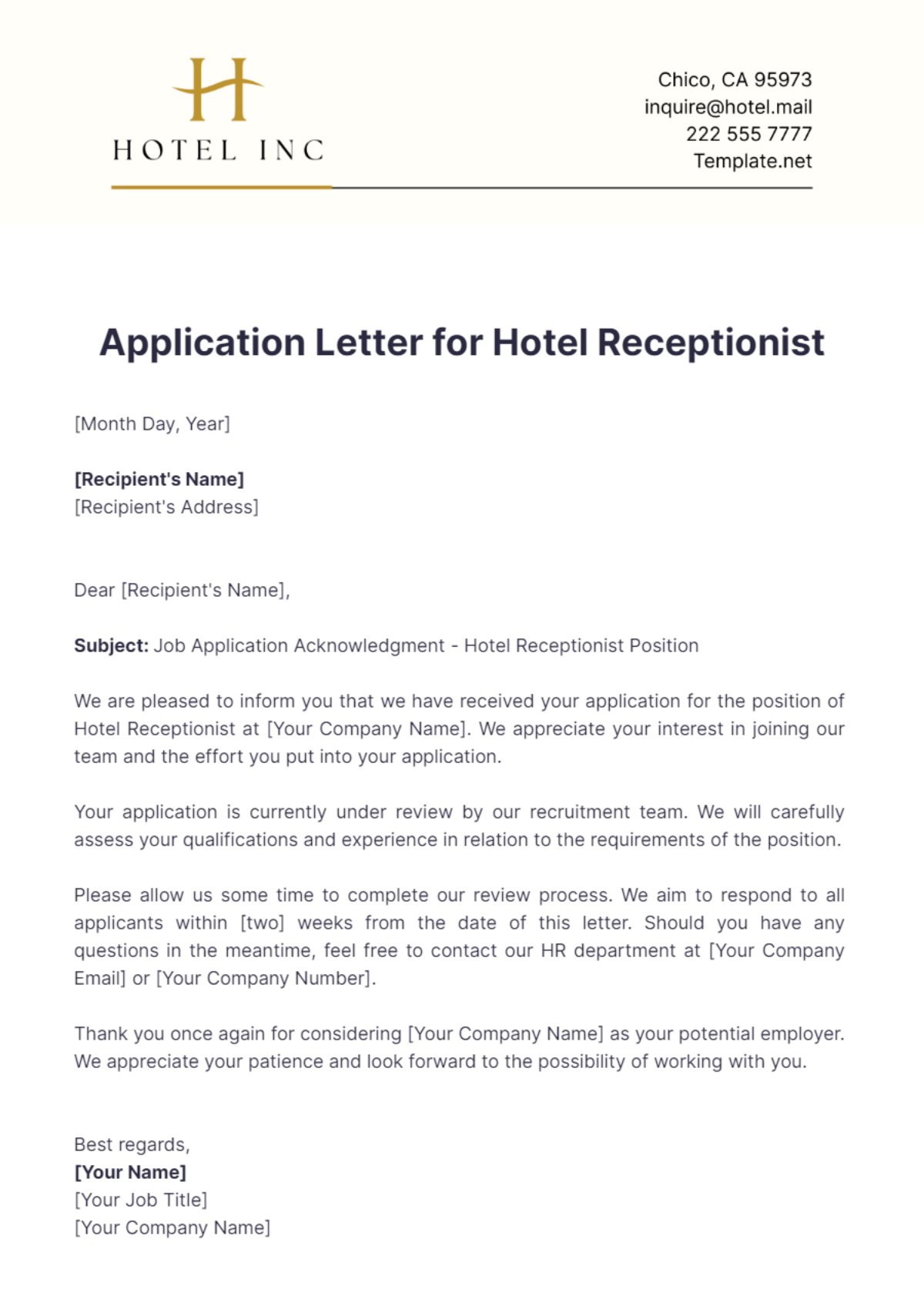 Application Letter for Hotel Receptionist Template - Edit Online & Download