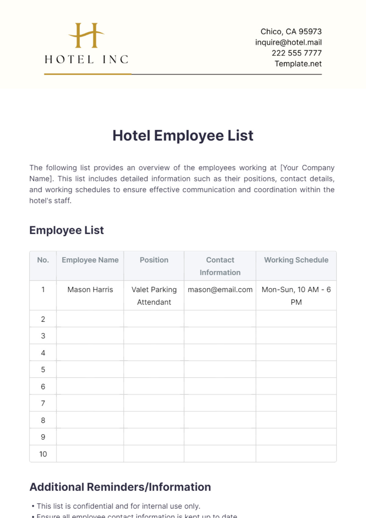 Hotel Employee List Template - Edit Online & Download