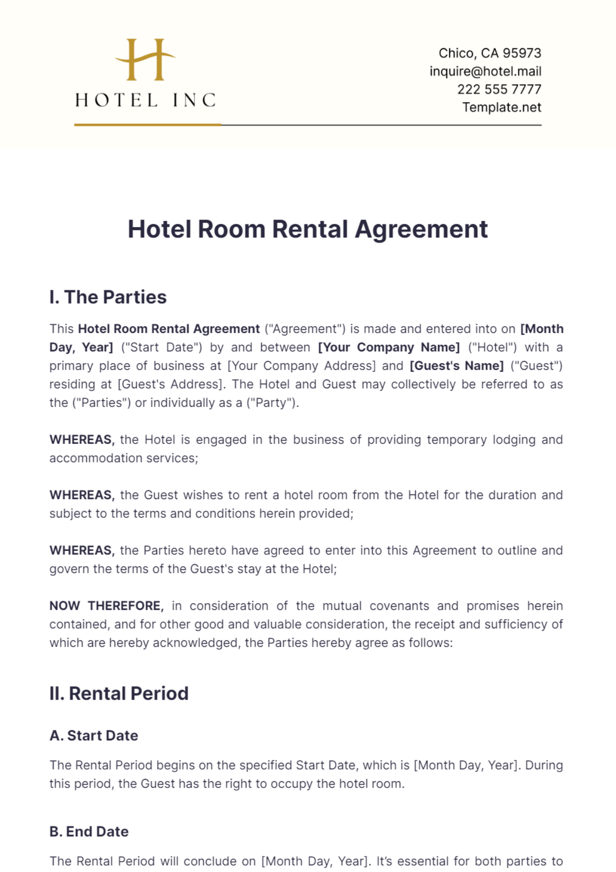 Hotel Room Rental Agreement Template - Edit Online & Download