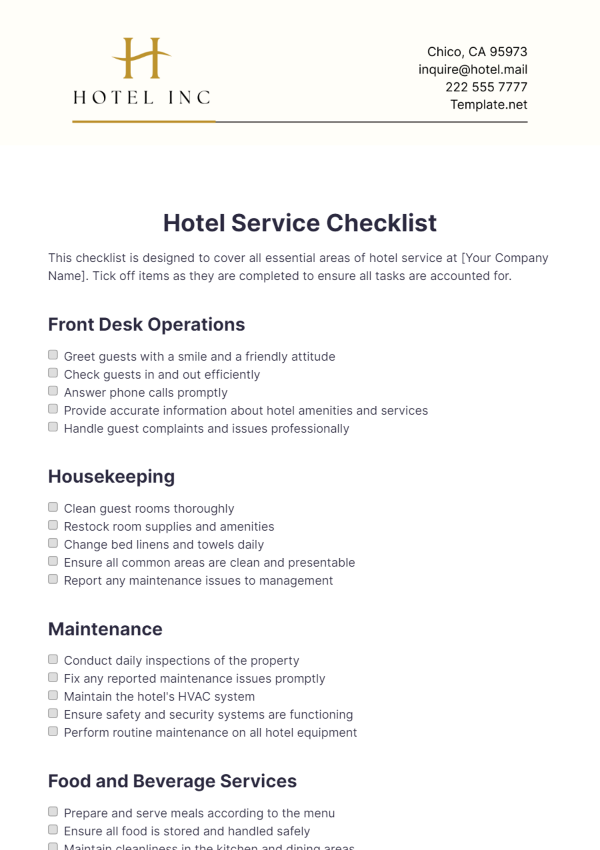 Free Hotel Inventory Checklist Template - Edit Online & Download ...