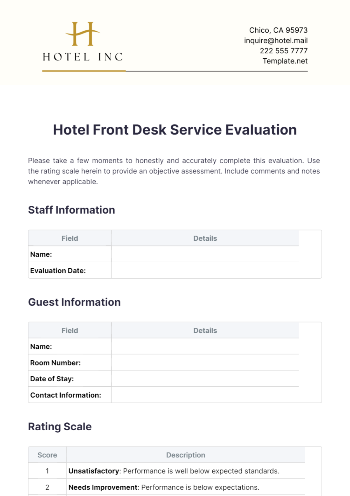 Hotel Front Desk Service Evaluation Template - Edit Online & Download